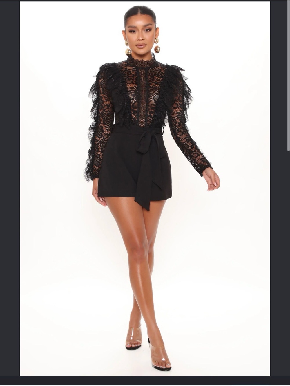 Fashion Nova Black Lace Ruffle Long-Sleeve Romper